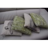 2 scatter cushions with rabbit pattern, plus pair grey and cream woollen fabric