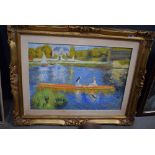 5039 Framed and glazed oil/acrylic on canvas of 2 females in boat on a lake in the style of Renoir