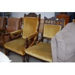 5099 Pair of Edwardian his-and-hers fireside chairs in mustard upholstery