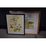 Print of bird and hibiscus blossoms plus a watercolour, 'figures on beach'