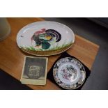 Meat platter with turkey design, French collector's plate, plus Wedgewood Chinese patterned plate