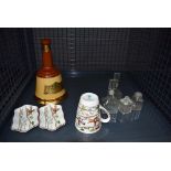 Bells whiskey bottle, glass cruet set and 3 pieces of Staffordshire crockery