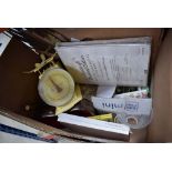 Box containing a ceiling light, set of kitchen scales plus placemats, ornaments and glassware