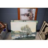 Quantity of impressionists prints, watercolour of hills and woodland, Bedfordshire map, print