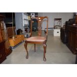 Carved Edwardian dining chair with cabriole supports and gold coloured upholstery
