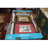 Box containing a quantity of prints to include stately homes, Irish hills, harbour scene and an