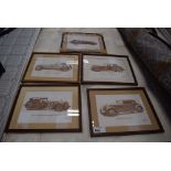 Five modern wall hangings depicting vintage cars