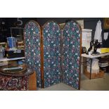 Dome topped 2 fold room divider with floral and bird pattern