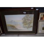 Two watercolours: figure in parkland, plus harbour with boats, together with a photographic print of