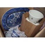 Box containing blue and white meat platter, wash stand jug plus blue and white and other crockery