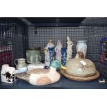 Cage containing ornamental duck, cheese dish, ornamental figures, Jasper ware and general china