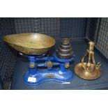 Set of kitchen scales and weights plus a brass gimbal candlestick