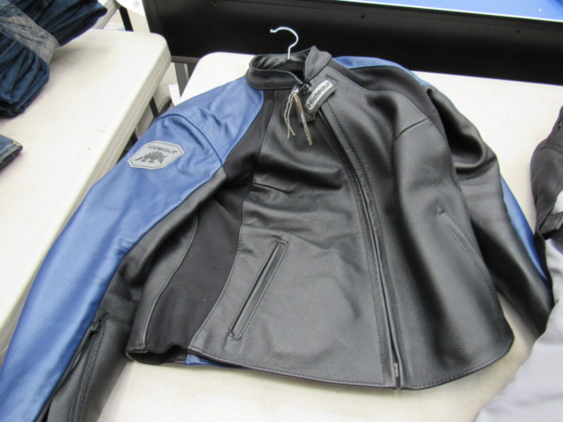 Hideout leather motorcycle jacket in blue and black
