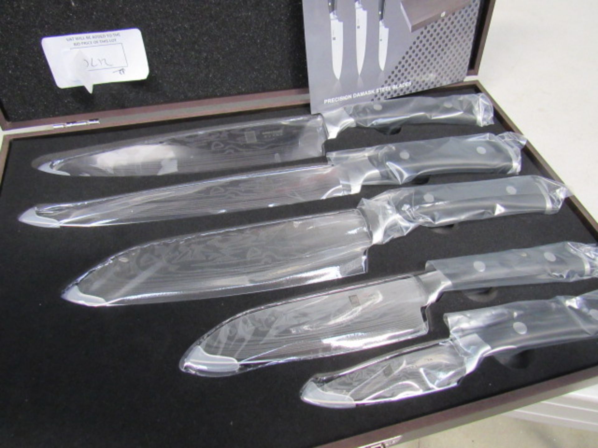 Five piece Damascus knife set in case