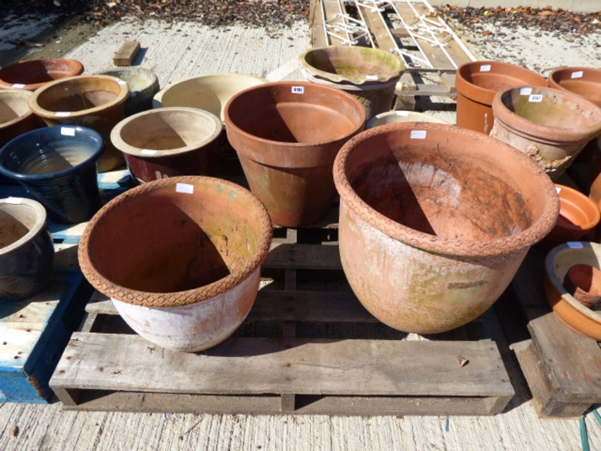 4 large terracotta pots and 3 other pots