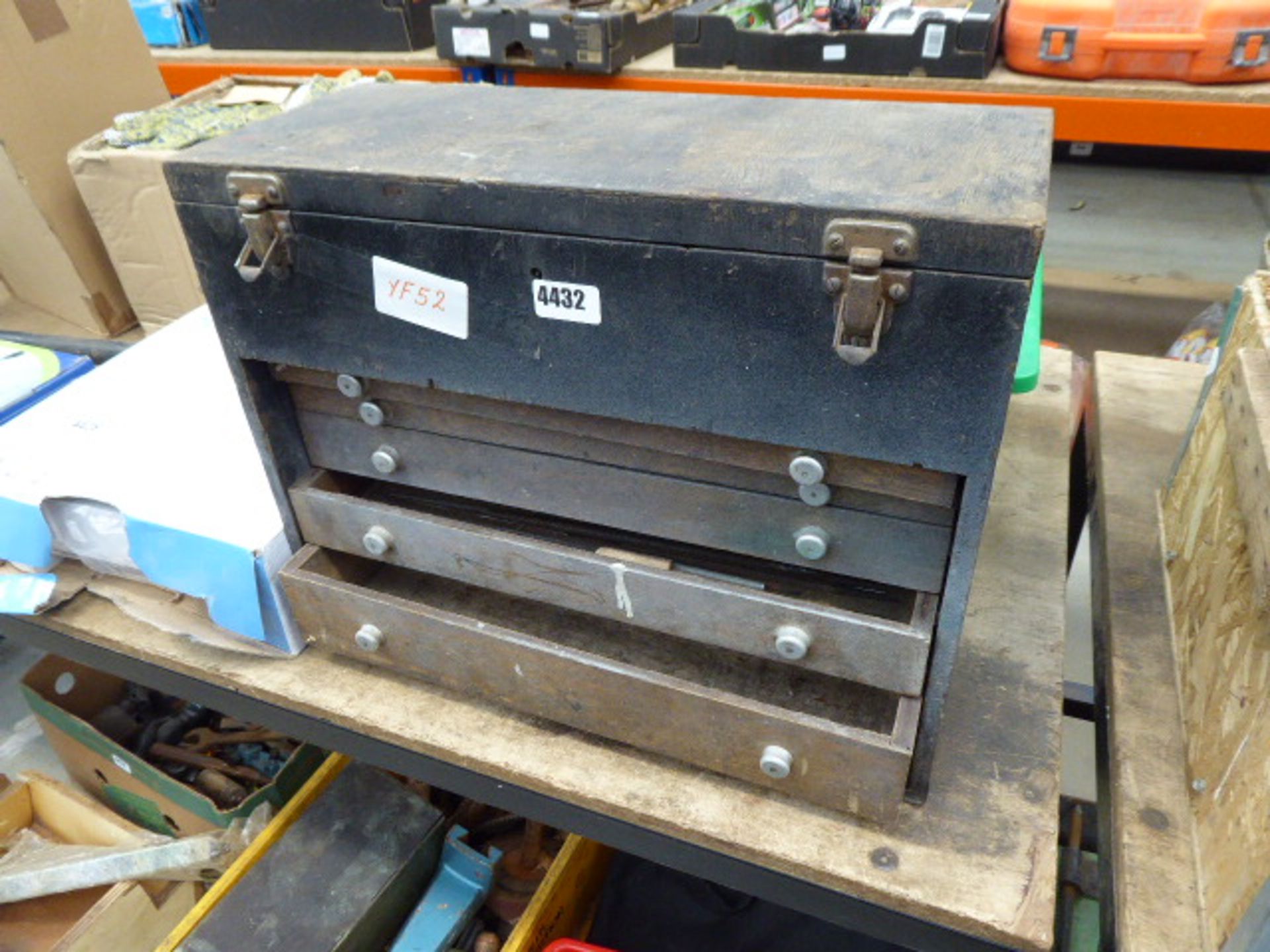 Wooden toolbox containing small quantity of assorted files, drill bits etc
