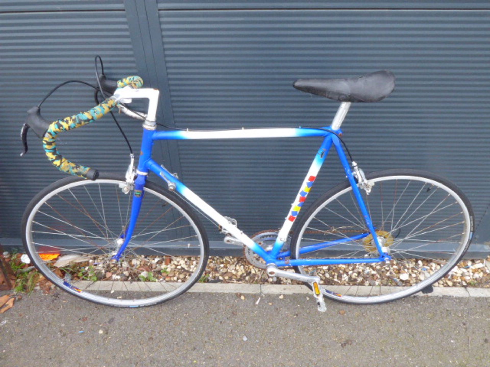 Blue and white racing bike