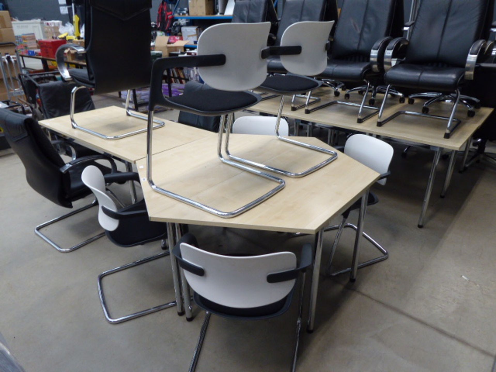 Hexagonal 2-piece maple chrome-legged table, complete with 6x white & black slide-framed chairs