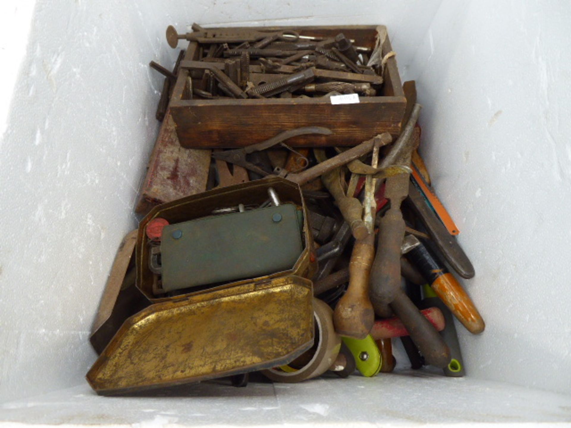 Large polystyrene crate of vintage tools and 2 cardboard boxes of tools