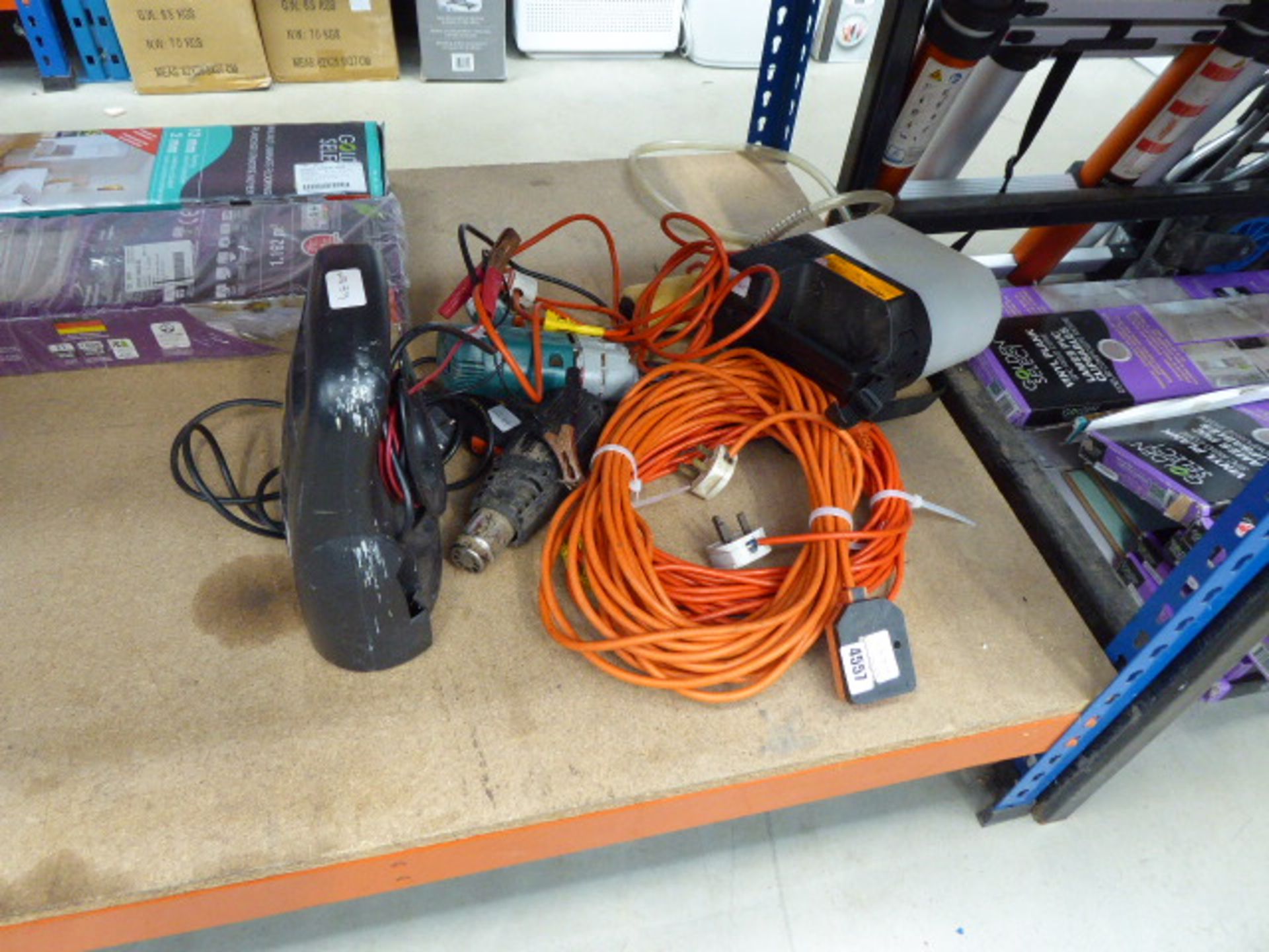 Quantity of items including battery charger, heat gun, sprayer, extension lead, drill etc