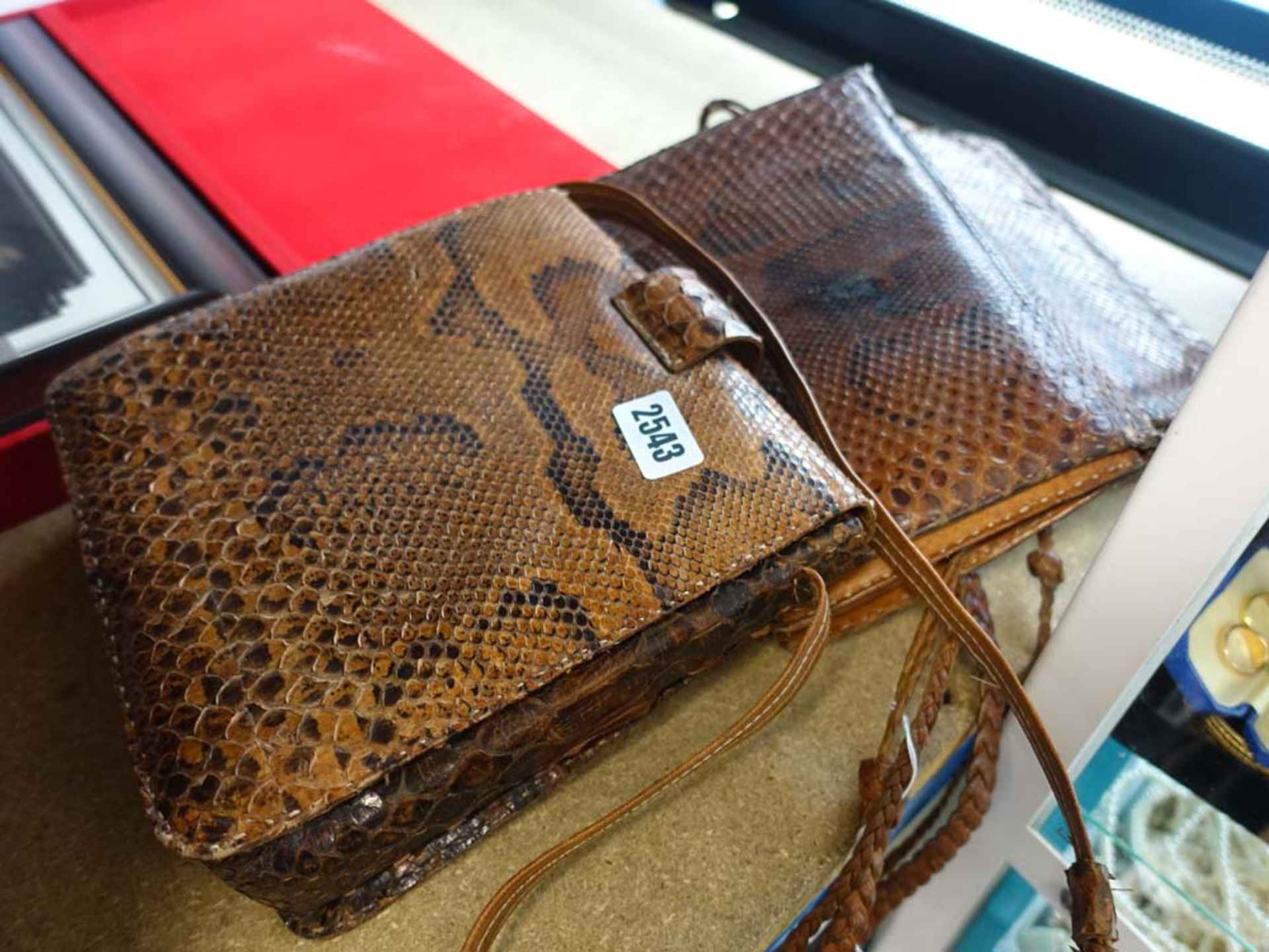 (2034MIDC) 204 - Three 1950's snakeskin handbags with rattan handles