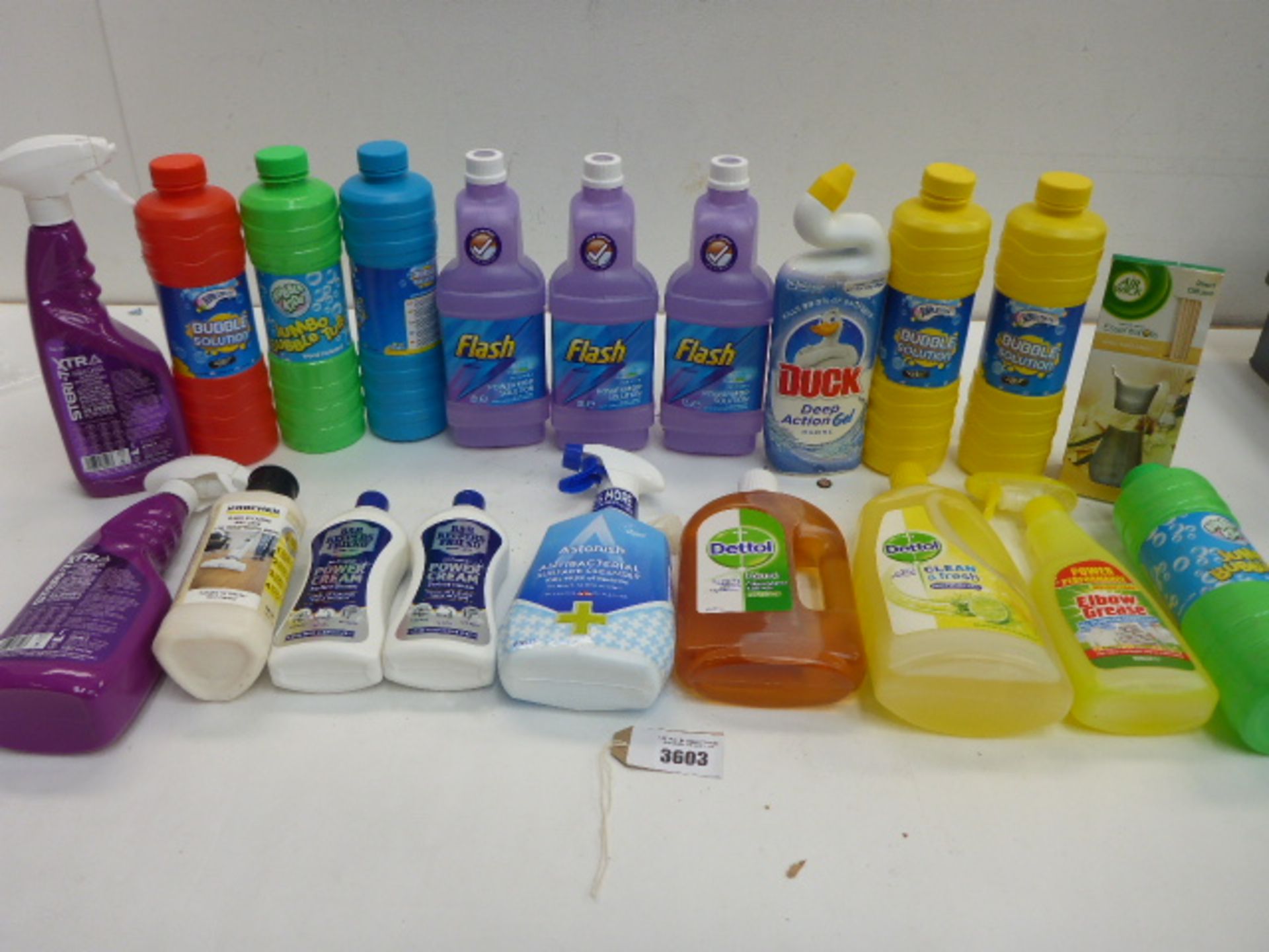 Bag containing disinfectant sprays, Power Mop solution, Toilet gel, Dettol, Karcher floor cleaner,