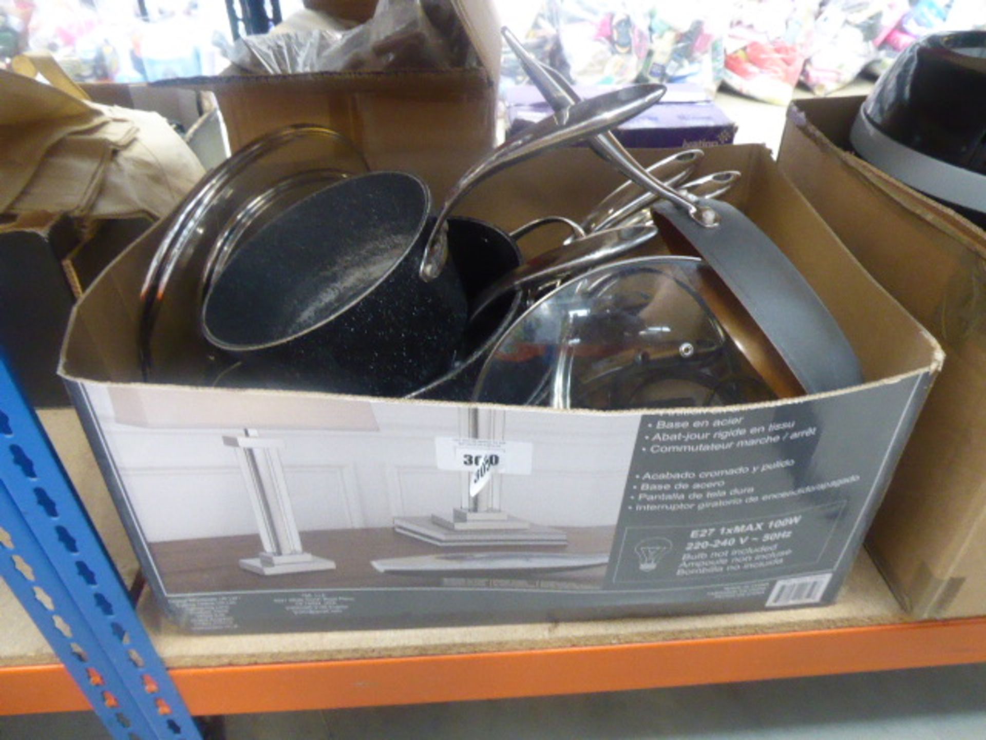 3040 Large box containing assorted saucepans and frying pans