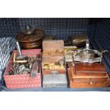 Cage containing hotel plates plus boxes with scales and weights, a desk calender, loose cutlery,
