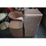 Pink loom style tub chair, a matching linen basket and blanket box