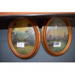 Pair of oval miniature paintings with figures and lake/buildings