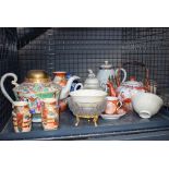 Cage containing Japanese and Chinese ceramics to include teapots, cups and saucers and vases