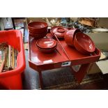 Lacquer Japanese tea ceremony table with bowls and chop sticks