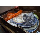 Box containing a quantity of blue and white meat platters plus egg cups, side plates and dinner