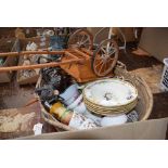 Wicker basket with an ornamental horse and cart and a qty of Myott good wood patterned crockery