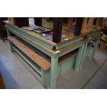 Pine table with green painted base plus 2 benches