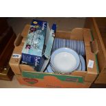 Box of Doulton crockery and glassware