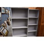 3 grey painted open fronted bookcases
