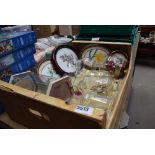 Box of pill boxes, embroideries and general glassware