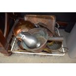 Box containing a quantity of copper brass and silver plate to include a gallery tray, a kettle,