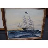 Watercolour, sailing ship at sea