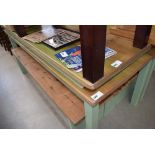 Pine table with green painted base plus 2 benches (af)