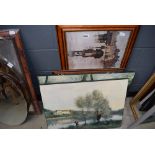 5260 - Impressionist print of a river and trees, watercolour of moorland, map of Bedfordshire, oil