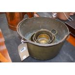 (9) Cauldron with swing handle plus a quantity of brass and copper pots