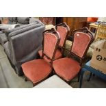 3 carved late Victorian dining chairs with pink fabric