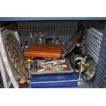 Cage containing silver plate to include hot water jugs and teapots plus loose cutlery, trays and