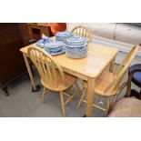 (1) Beech dining table with 3 stick back chairs