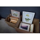 2 boxes and 2 bags containing a large qty of prints and watercolours to include farm buildings,