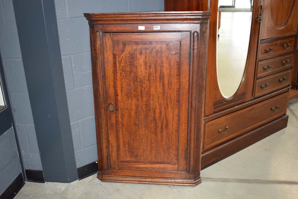 Oak and mahogany inlaid 19th century corner cabinet