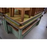 Pine table with green painted base plus 2 benches (af)