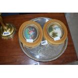 5092 - Silver plated tray and a pair of miniature pictures